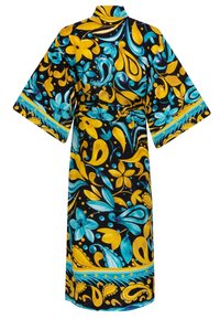 Robe in stile kimono in tessuto nero con vivaci motivi floreali e paisley gialli e turchesi, con maniche ampie e cintura con lacci.