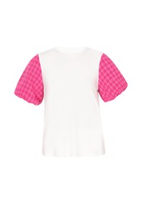 Bílý tričko s krátkým rukávem a texturovanými růžovými volánovými rukávy s vzorem houndstooth. Měkká tkanina a uvolněný střih.