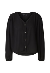 Blusa negra con escote en V, mangas largas abullonadas y seis botones. Confeccionada con tejido ligero, presenta un corte holgado y dobladillo redondeado.