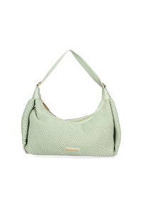 Borsa a tracolla verde chiaro con texture trapuntata, forma curva e una sola tracolla. Presenta una chiusura con zip e un piccolo accento del logo dorato.