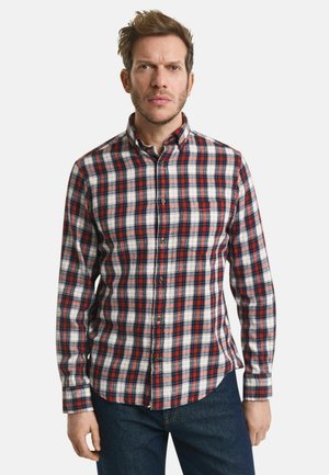 Rood, marineblauw en wit geruite flanellen overhemd met lange mouwen, button-down kraag en een borstzak. Voorzien van een afgeronde zoom en knoopsluiting.