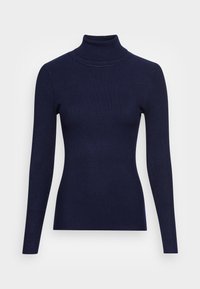 Pull à col roulé côtelé bleu marine avec manches longues, présentant une coupe ajustée et un col haut, fabriqué en maille texturée.