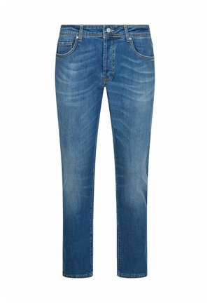 Blue denim jeans with a straight cut, front button and zip closure, and five-pocket design.
