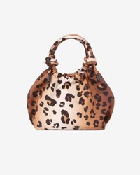 Borsa a spalla in stampa leopardata con design a top arricciato, caratterizzata da morbida pelle sintetica in marrone chiaro e dettagli in marrone scuro. Manici tondi annodati.