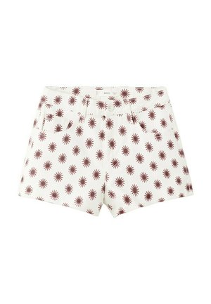 Shorts blancs avec un motif marron en forme de rayons de soleil, bouton à l'avant et poches, présentés à plat sur un fond blanc.