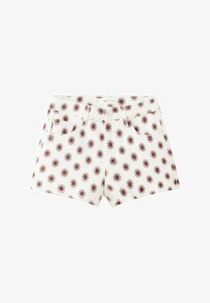 Beli kratki hlači z rjavim vzorcem sončnih žarkov, z gumbom spredaj in žepi, nameščeni ravno na belem ozadju.