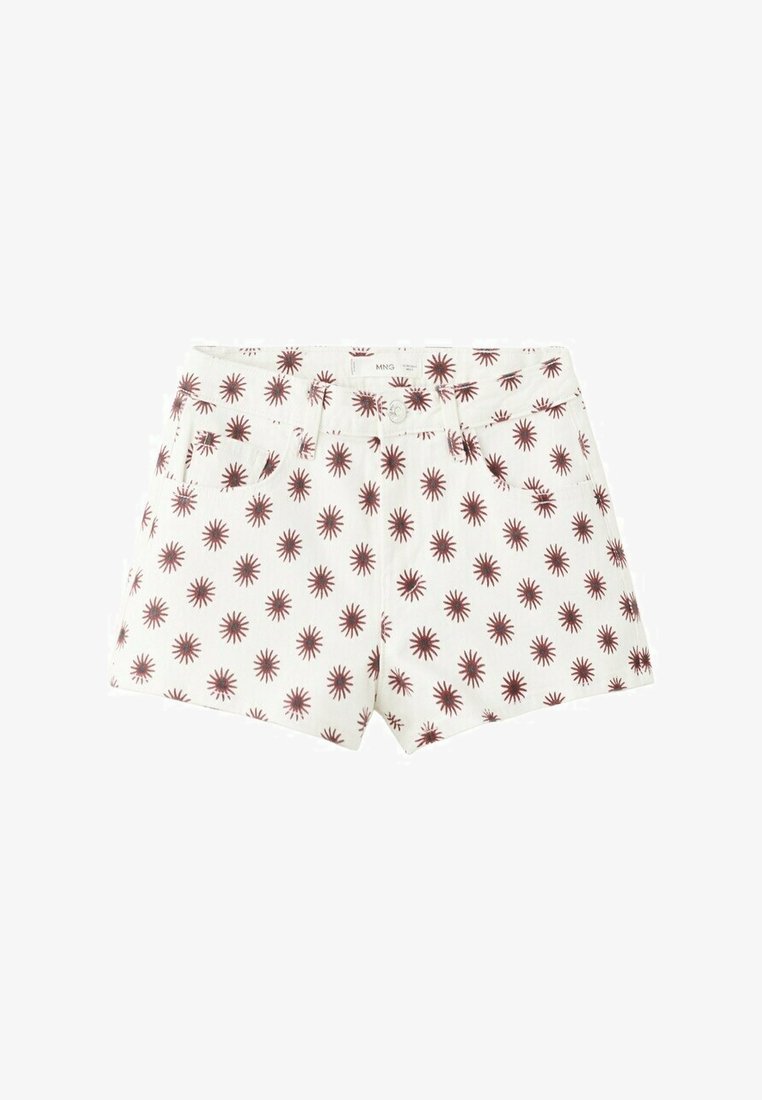 Biele šortky s hnedým vzorom slnečných lúčov, predným gombíkom a vreckami, zobrazené na rovnakej ploche na bielom pozadí.