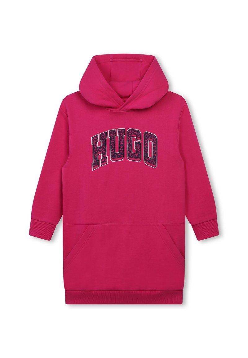 Robe à capuche rose vif pour enfants avec poche avant et texte "HUGO" en lettres noires imprimées sur la poitrine.