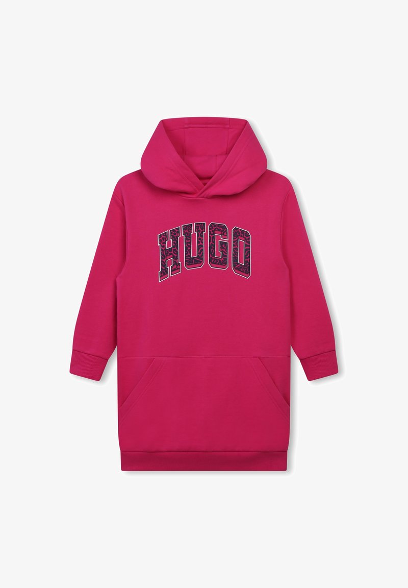 Robe à capuche rose vif pour enfants avec poche avant et texte "HUGO" en lettres noires imprimées sur la poitrine.