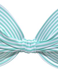 Prugasti bikini gornji dio u mentolnoj zelenoj i bijeloj boji, s detaljem mašne na sredini i glatkom teksturom tkanine.