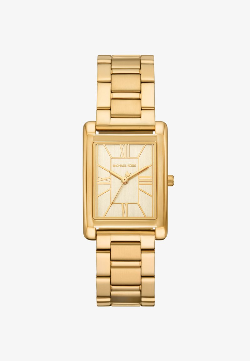 Goldfarbene rechteckige Uhr mit einem gebürsteten Zifferblatt, römischen Ziffern und einem verknüpften Metallarmband. Sie zeichnet sich durch ein minimalistisches Design und eine polierte Oberfläche aus.