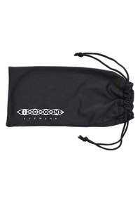 Funda de tela negra para gafas con cierre de cordón, con texto de logo en blanco "iCON" y "EYEWEAR" en la parte frontal. Textura suave.