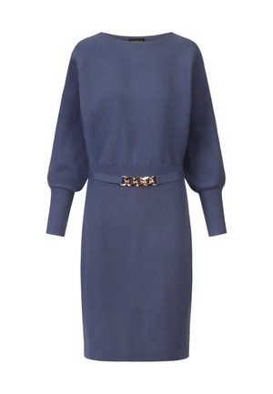 Blauwe ribgebreide jurk met lange, puffed mouwen en een aansluitende taille, met een gouden ketting riemdetail. Glad textuur, boven de knie lengte.