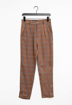 Brązowe spodnie w kratę z wysokim stanem, z niebiesko-białym wzorem siatki, bocznymi kieszeniami oraz zapięciem na guziki. Gładki materiał.