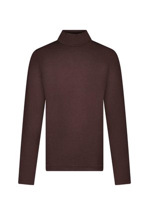 Bruin turtleneck-shirt met lange mouwen, een aansluitende pasvorm en een strak ontwerp, van voren getoond op een witte achtergrond.