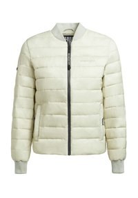 Light green puffer jacket with a bomber design, featuring ribbed cuffs, side pockets, and a front zipper. The fabric has a smooth texture.