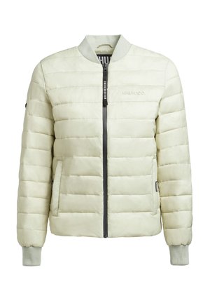 Chaqueta de plumas verde claro con un diseño de bomber, que presenta puños acanalados, bolsillos laterales y un cierre frontal. La tela tiene una textura suave.