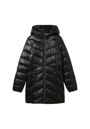 Chaqueta de plumas negra con capucha, que presenta un cierre de cremallera, patrón de acolchado en chevron y bolsillos laterales. Textura suave y brillante.