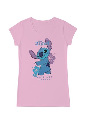 Rosa Kurzarmshirt mit der blauen Comicfigur Stitch, zwei Hibiskusblüten und dem Text "Disney Stitch Niedlich, aber frech."