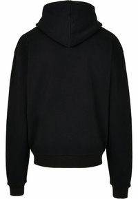 Black hooded sweatshirt featuring a relaxed fit, ribbed cuffs, and hem. Smooth texture with a simple, unadorned design.