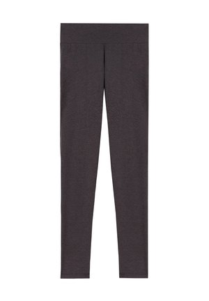 Mörkgrå leggings gjorda av ett mjukt, stretchigt material. Har en hög midja och en slät textur utan synliga mönster eller detaljer.