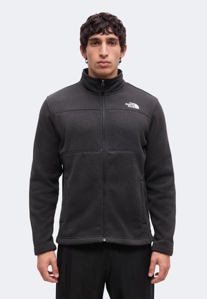 Ung mand iført en mørkegrå fleecejakke med lynlås og The North Face-logo på brystet, stående mod en ensfarvet lys baggrund.