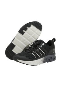 Schwarze Sportschuhe mit einem Obermaterial aus Mesh, weißen Akzenten, einem runden Schnürverschluss und einer gummiartigen Sohle mit mehreren Mustern. Vorder- und Seitenansichten werden angezeigt.