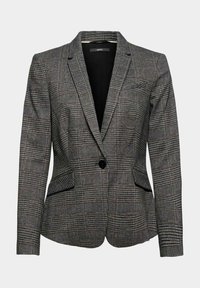 Ruudullinen bleiseri mustassa ja harmaassa kankaassa, jossa on mätsäävä muotoilu, kaksi etupo pocketia, yksinkertainen nappisulku ja viistetyt läpät.