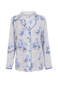 Witte pyjama top met een blauw zebra- en palmboomprint. Voorzien van een knoopsluiting aan de voorkant, een kraag en blauwe biesjes langs de randen. Lange mouwen.