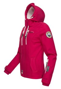 Fuchsia soft-shell jacket with a hood, featuring white drawstrings, side pockets, and an arm patch with a bear emblem. Zip closure on the sleeve.