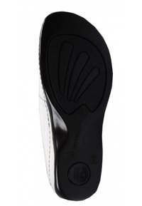 Black rubber sole with lines and contours; white upper with visible stitching and logo detail. Shoe designed for comfort and support.