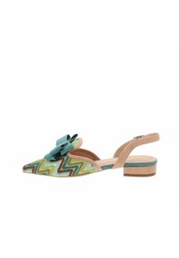 Des chaussures à bout pointu et à talon ouvert avec un motif en zigzag texturé en vert, aqua et marron, dotées d'un grand nœud en teal et d'un talon bas.