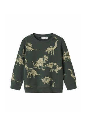 Felpa per bambini verde scuro con stampa di dinosauri beige, che include diverse specie come il T-Rex, lo stegosauro e il brontosauro.
