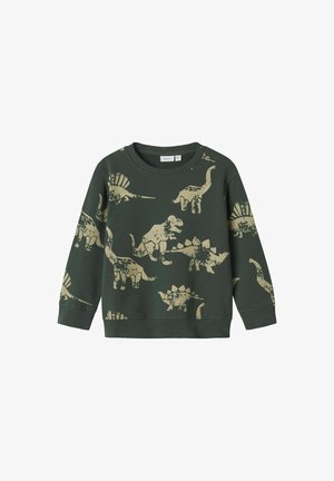 Sudadera infantil en verde oscuro con estampados de dinosaurios en color beige, que presenta diversas especies como el T-Rex, el estegosaurio y el brontosaurio.