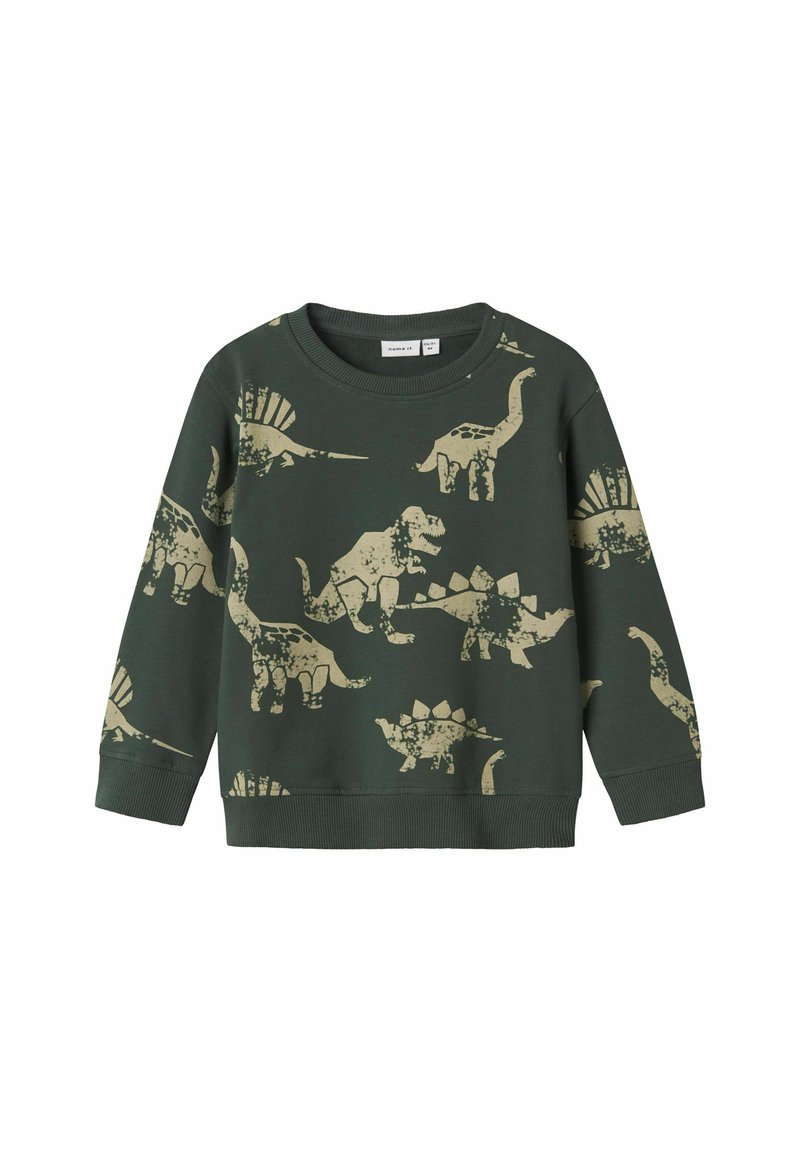 Sweatshirt pour enfants vert foncé avec des imprimés de dinosaures beiges, présentant différentes espèces comme le T-Rex, le stégosaure et le brachiosaurus.