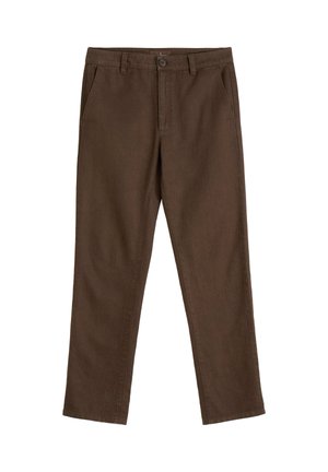 Brown cotton trousers with a straight-leg design, featuring a button closure and side pockets, smooth texture, and minimal detailing.