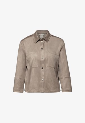 Tan faux suede jacket with a button-up front, two chest pockets, and a classic collar. Features long sleeves and a relaxed fit.