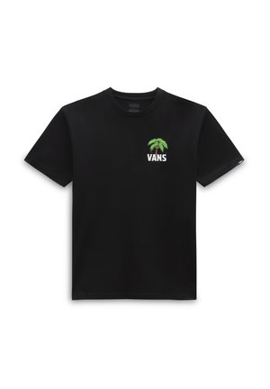 Schwarzes Baumwoll-T-Shirt mit einem kleinen grünen Palmenbaum-Graphic und dem weißen Text "VANS", klassischem Rundhalsausschnitt und kurzen Ärmeln.