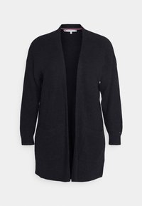Sort cardigan lavet af tekstureret garn, med åben front, lange ærmer og to forlommer. Simpelt design uden lukninger.