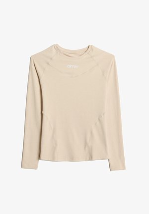 Béžový dlouhý rukáv svetr z měkké tkaniny s kulatým výstřihem a raglánovými rukávy, s hladkými švy a potiskem loga na prsou.