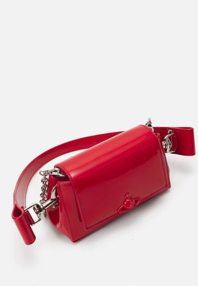 Red patent leather crossbody bag with a rectangular shape, chain-accented strap, and a front flap closure featuring a logo detail.