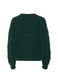 Zaļš adīts džemperis ar teksturētu rakstu, apaļu kakla izgriezumu un garām piedurknēm. Dizains piedāvā brīvu piegriezumu un ribotas aproces.