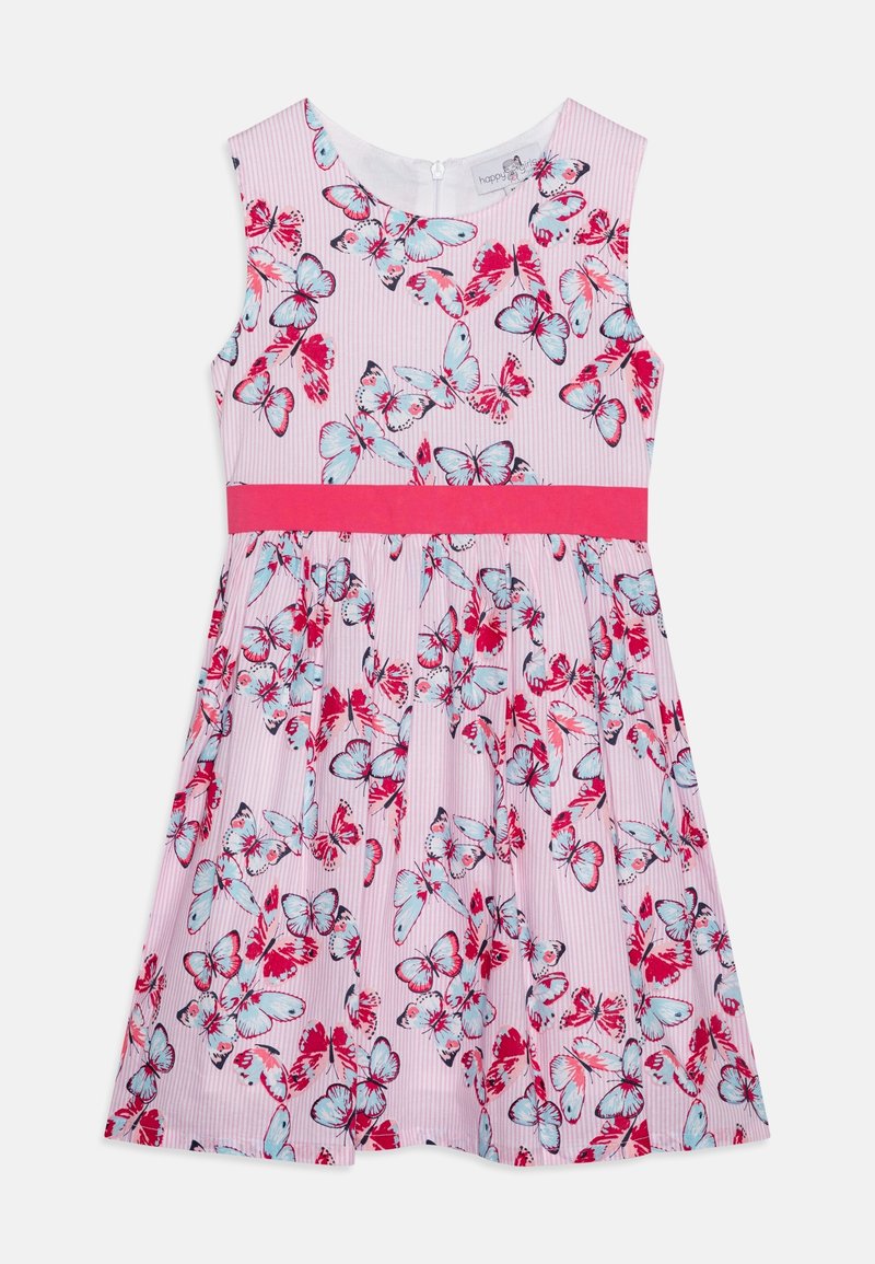 Abito floreale con un motivo a righe rosa, caratterizzato da farfalle blu e rosse, un corpino aderente e una ampia cintura rosa. Design con schiena chiusa.