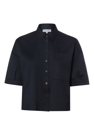 Schwarzes Kurzarm-Hemd mit Knöpfen, spitzem Kragen und einer einzelnen Brusttasche, innen am Kragen mit der Aufschrift "MORE & MORE".