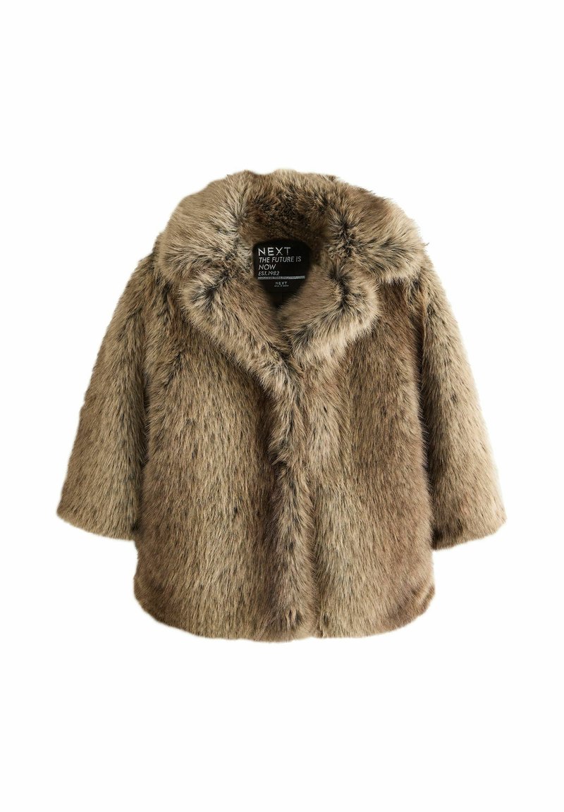 Brown faux fur coat with wide collar and three-quarter sleeves, labeled "NEXT THE FUTURE IS NOW" inside the collar.