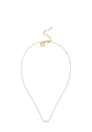 Gold chain necklace with a delicate design, featuring small clear gemstones arranged in a subtle pattern near the center. Adjustable length.