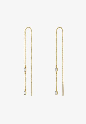 Boucles d'oreilles fines en chaîne d'or avec deux petites pierres rectangulaires claires sur chaque boucle d'oreille, sur fond blanc.