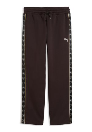 Sorte sweatpants med elastisk talje, snøre og Puma-logo striber ned langs siderne med et lille hvidt Puma-logo foran.