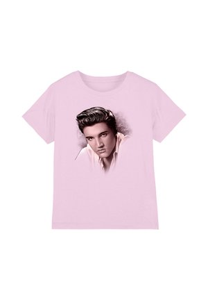 Light pink short-sleeve t-shirt featuring a realistic portrait of a man with styled dark hair and a partially open collared shirt.