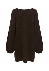 Przesadnie duży brązowy dziergany sweter z szerokimi rękawami, okrągłym dekoltem i fakturowaną tkaniną. Charakteryzuje się luźnym krojem i prostym wykończeniem u dołu.